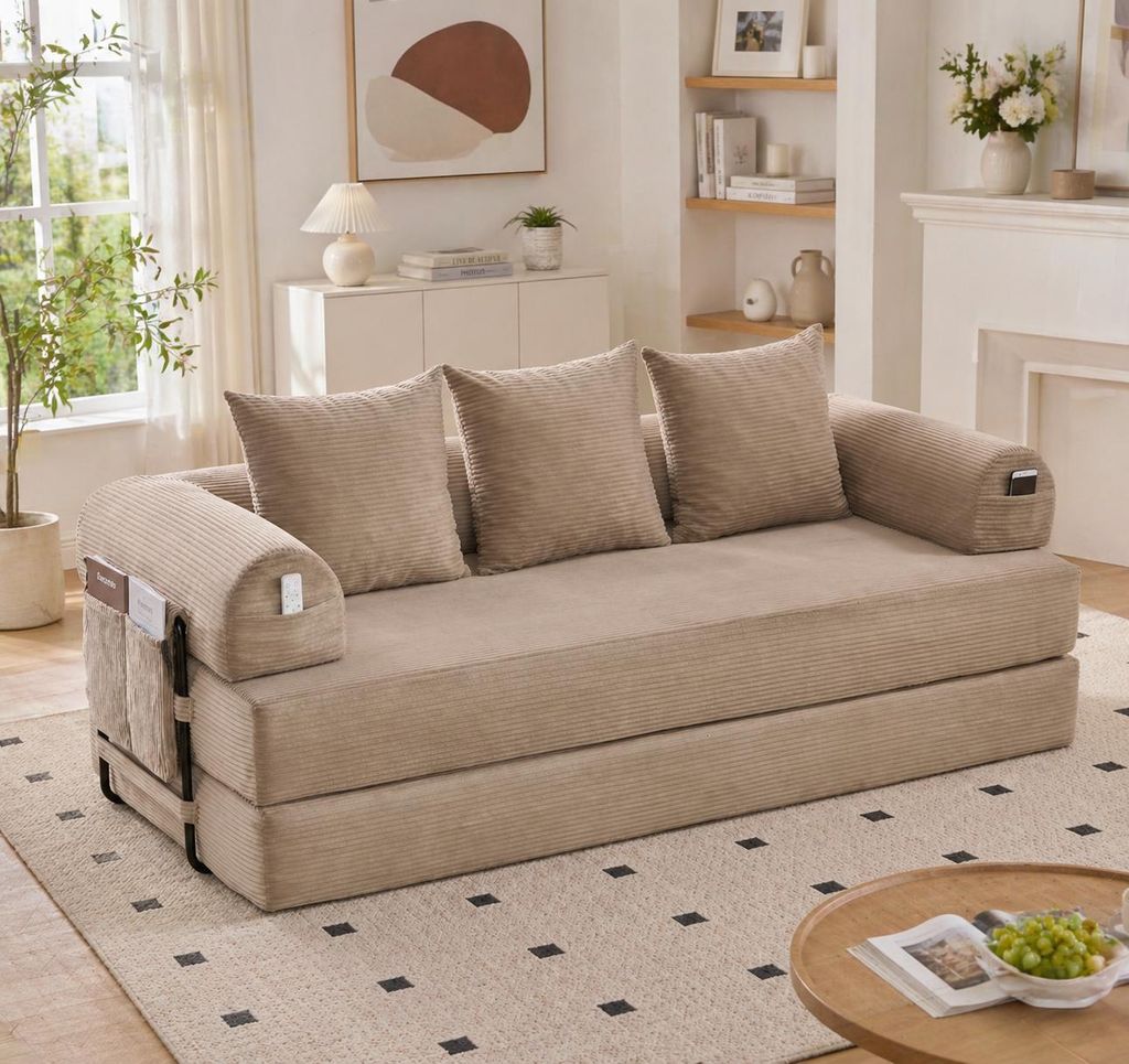 okwish Klassische Sofas mit drei weichen Kissen und Aufbewahrungstasche,Schlafsofa,Metallgestell,Modernes Klappsofa,Khaki