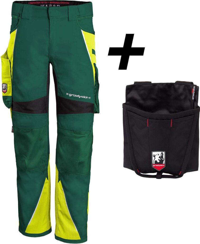 Qualitex Bundhose - BUNDLE IRON Arbeitshose + Workertasche aus Lyocell, Cordura & Stretch - in Farbe: grün/warngelb - Herren: 76