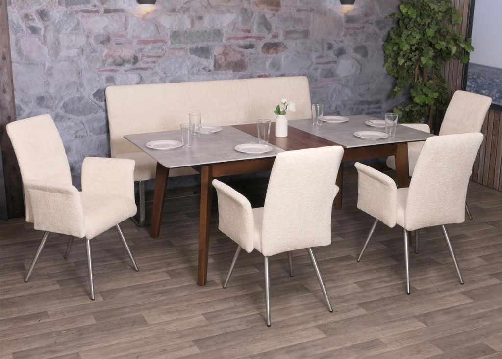 Esszimmer-Set MCW-G55, 4er-Set Stuhl mit Armlehne+Sitzbank 180cm, Edelstahl gebürstet Stoff/Textil Chenille creme
