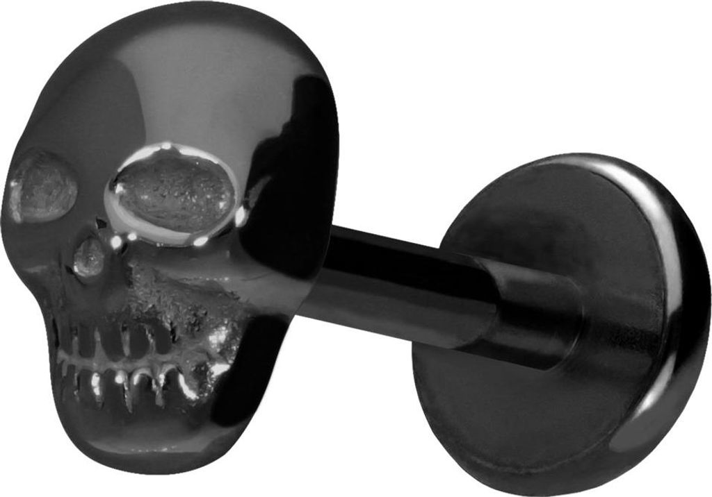 Ohrpiercing, Nasenpiercing Titan Labret mit Push Fit TOTENKOPF Schwarz Stablänge: 9mm | Stabstärke: 1mm