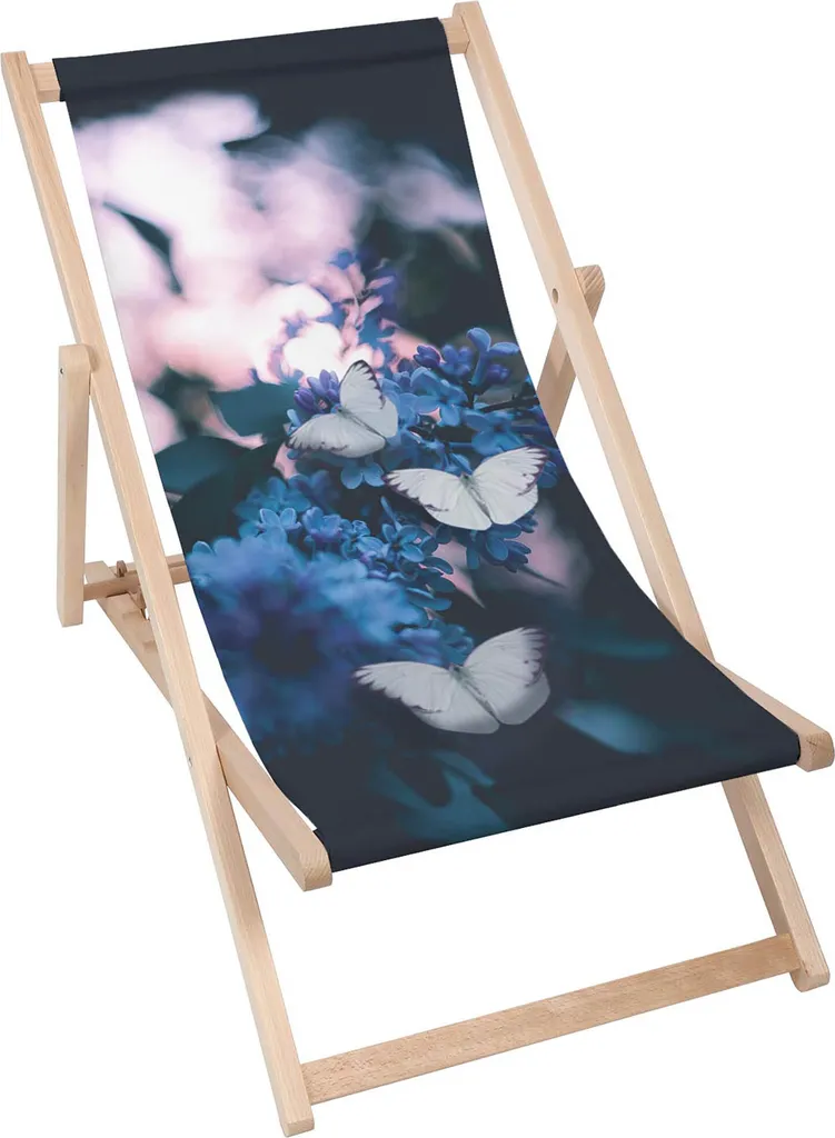 Sdraio Dreamroots pieghevole in legno fino a 130 kg, sdraio pieghevole con regolazione dell'inclinazione dello schienale in 3 fasi, Elderflower Butterfly