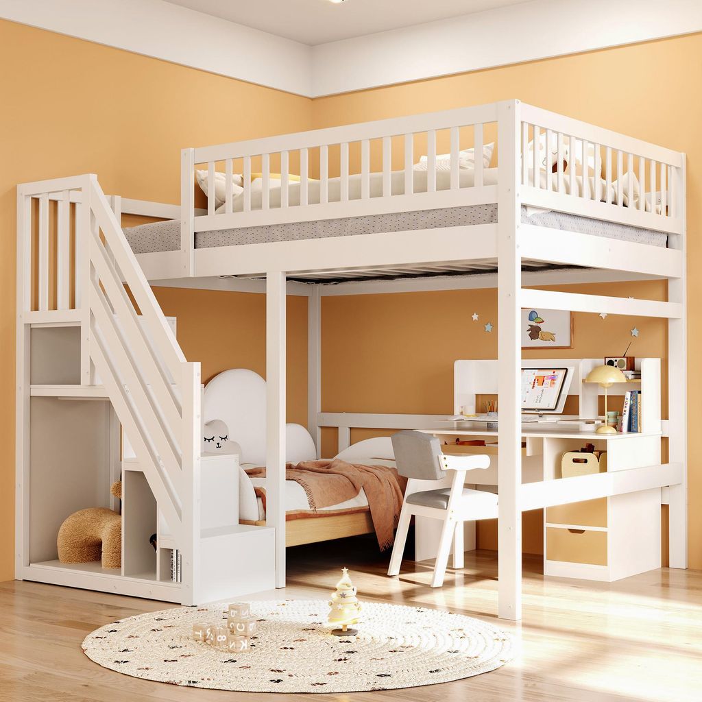 Sweiko Massivholzbett 140x200, Treppe mit Stauschrank, hohes Geländer, Kinderbett, Jugendbett, Massivholzbettgestell, weiß