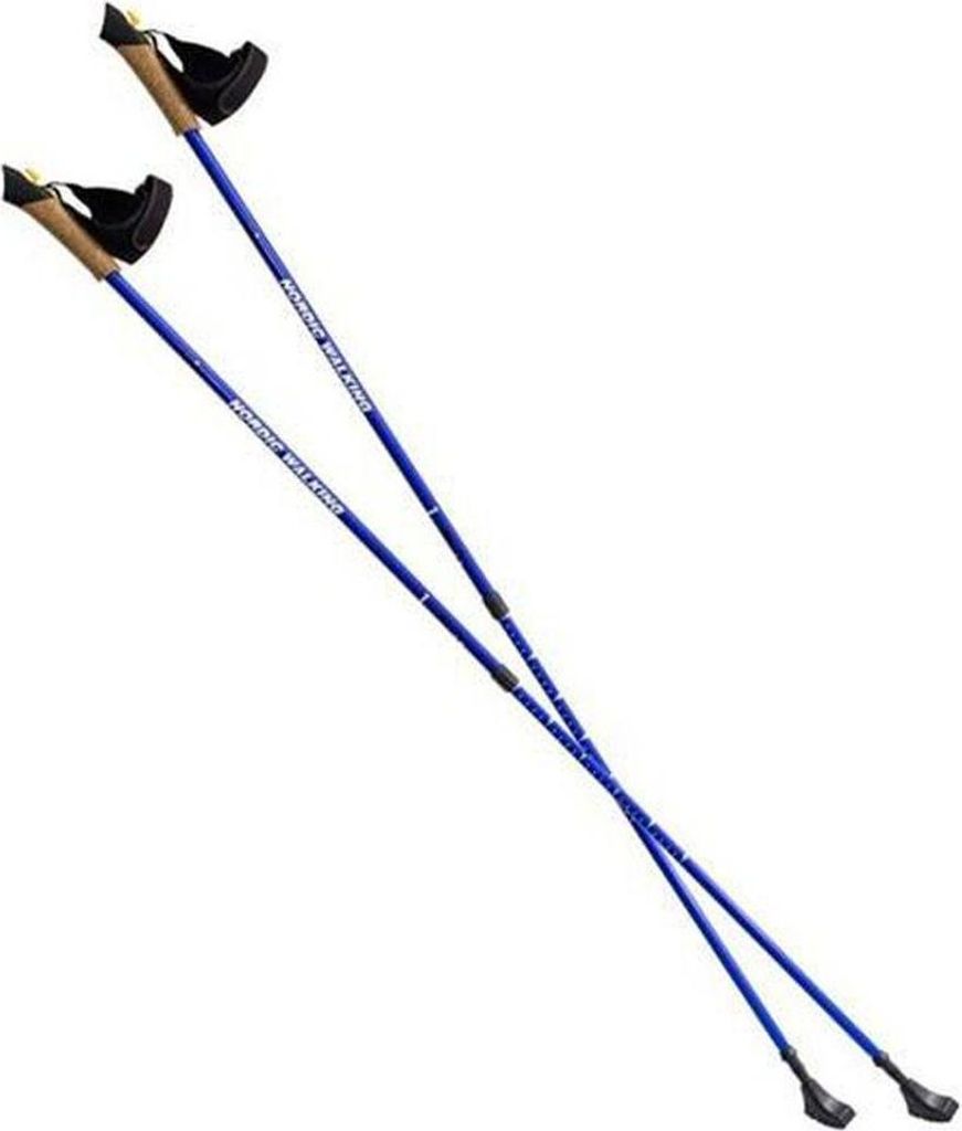 A pair of blue trekking poles with cork grips, presented against a white background.