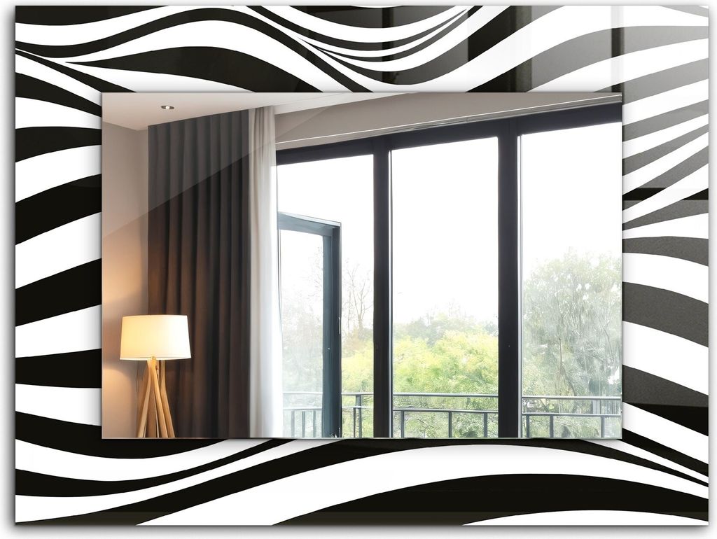Dekorativer Wandspiegel - Bedruckter Spiegel - Motiv - 80x60 cm - Schwarze Und Weiße Wellen