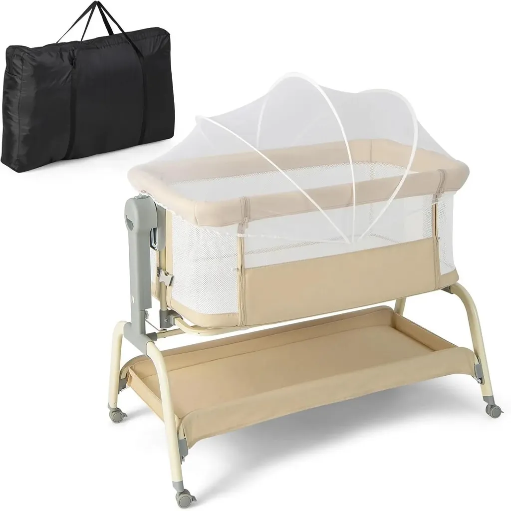 Lit bébé 4 en 1 beige avec moustiquaire et 6 hauteurs réglables confort