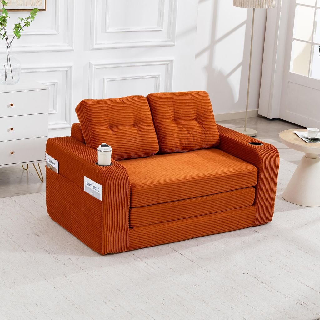 okwish Zweisitziges Sofa,Modulares Sofa mit Getränkehaltern und Seitentaschen,Loungesofa,Wohnzimmersofa mit gesteppten Kissen und Rückenlehne,Orange