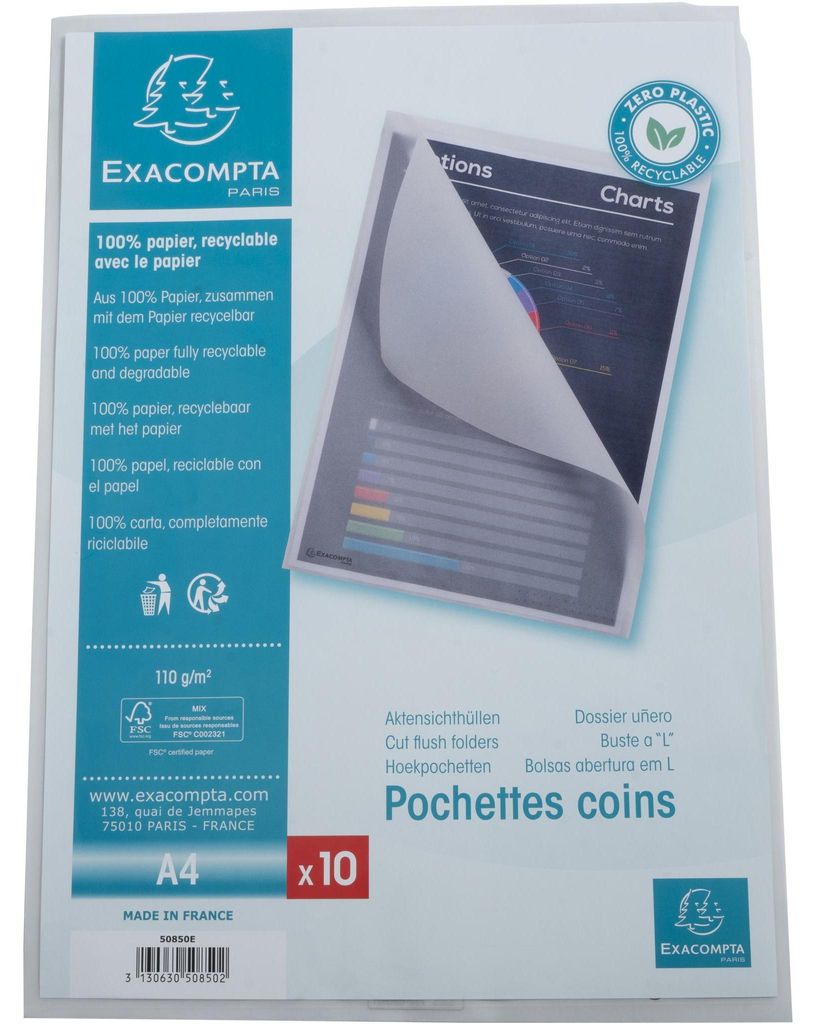 Exacompta 10x Pack 50 Aktensichthüllen A4 Papier 110g/m2 Transparent weiß 50850E