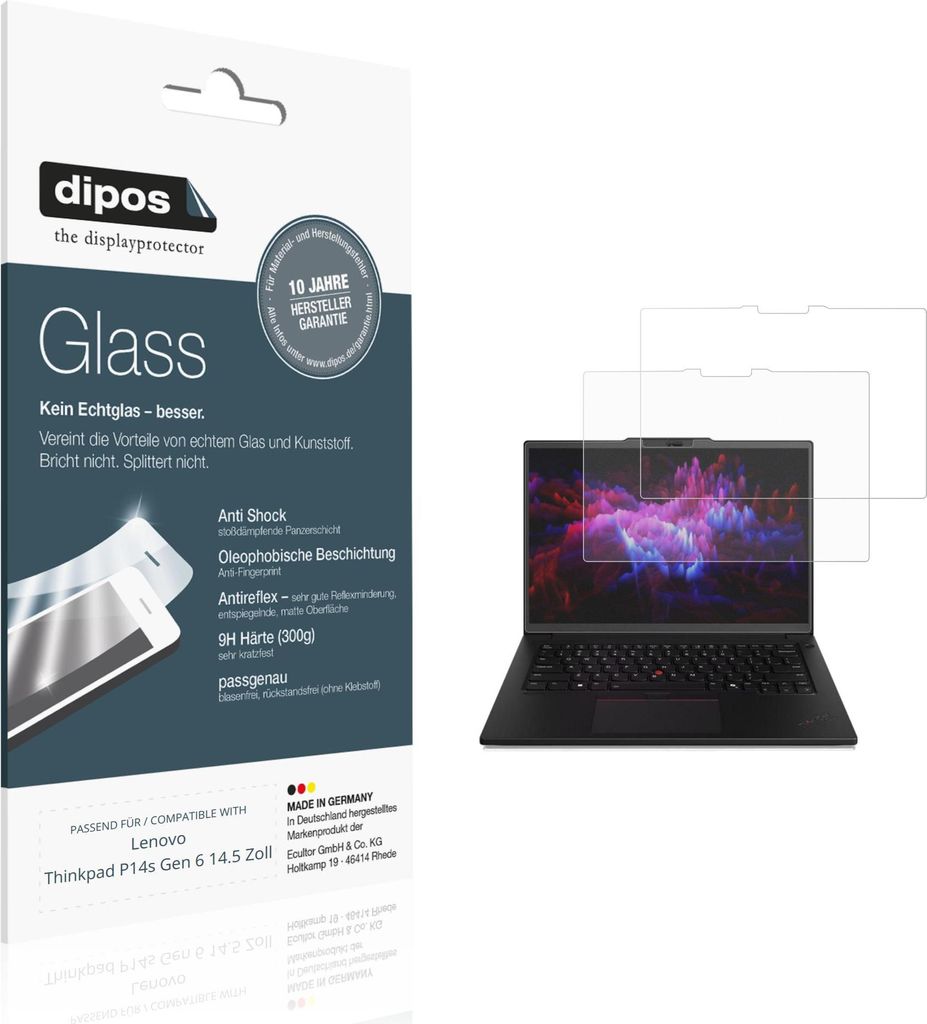 2x Schutzfolie für Lenovo Thinkpad P14s Gen 6 14.5 Zoll matt - Anti-Shock 9H Folie dipos Glass Kunststoffglas