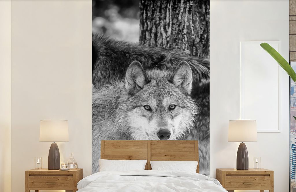 MuchoWow Fototapete für Wohnzimmer oder Schlafzimmer Wandtapete Vinyl Motivtapete Gruppe von Wölfen in Schwarz und Weiß - 120x240 cm - Hinterg...