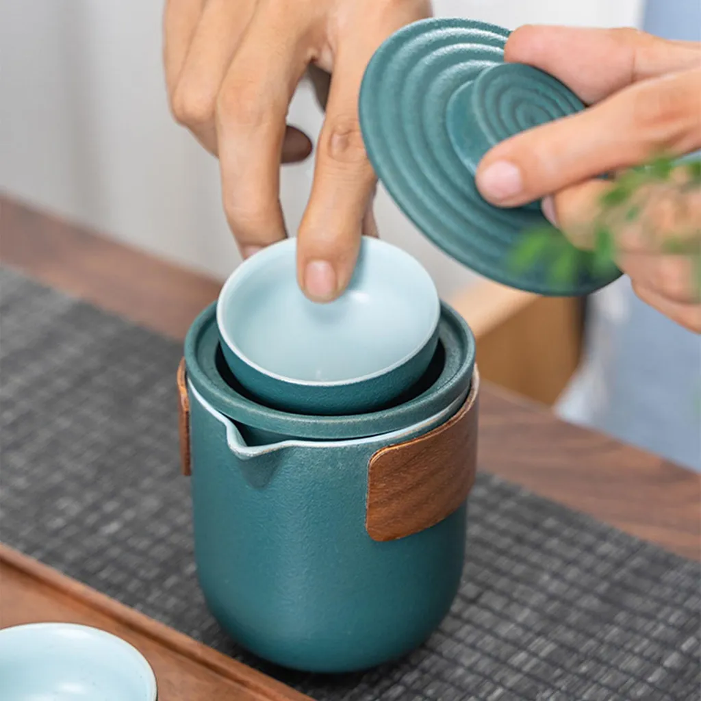 Mini service à thé portable vert, théière et tasses avec étui de voyage
