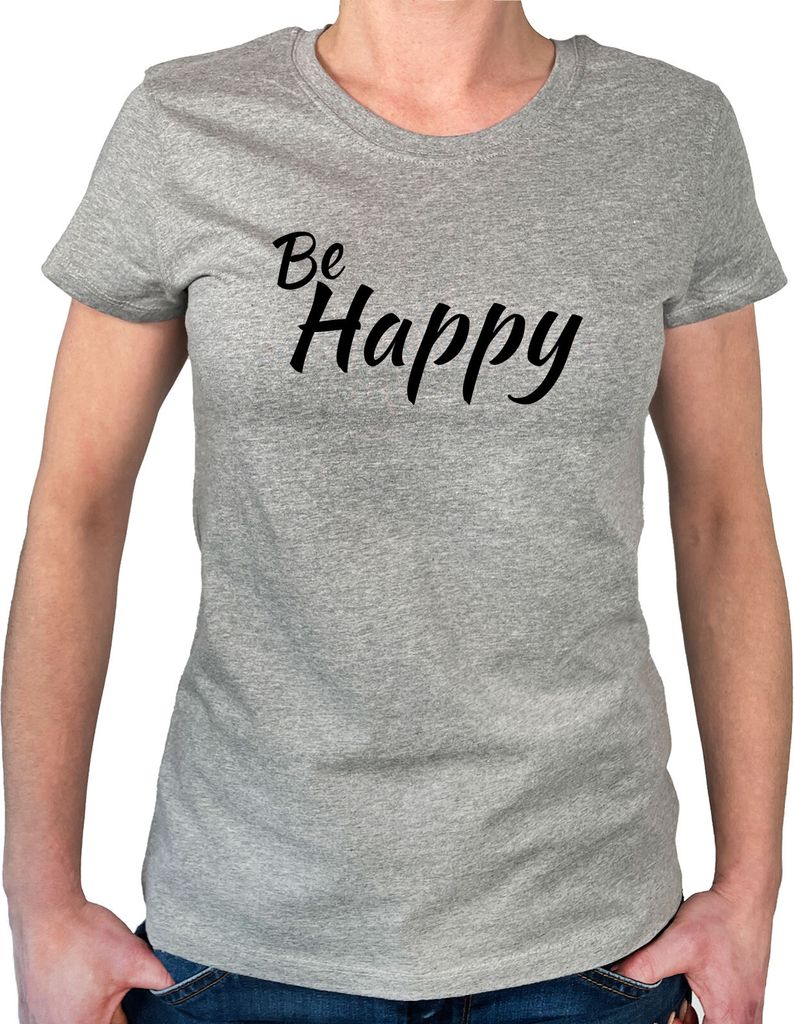 Huuraa Frauen T-Shirt Be Happy Schriftzug Geschenk Größe M Sport Grey Bio Baumwolle Fairtrade Be Happy Mode