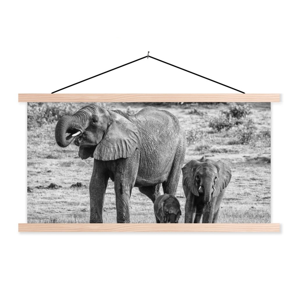 MuchoWow Textilposter Elefant - Wasser - Tiere - Schwarz - Weiß 120x60 cm mit holzfarbenen Rahmen - Klemmleiste