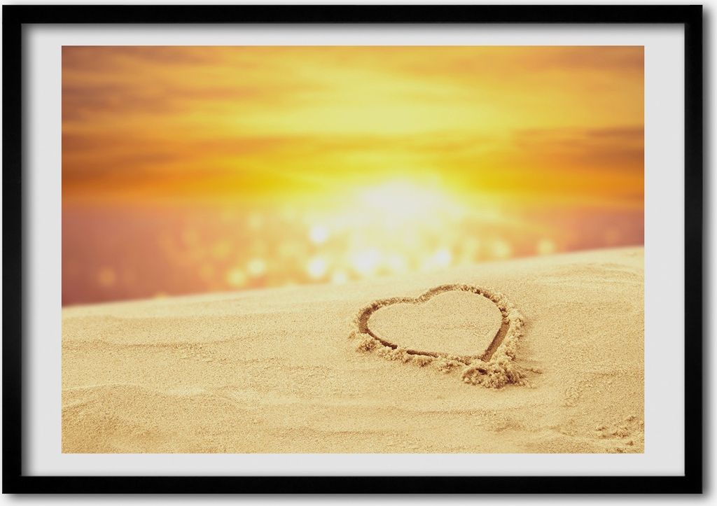 Bild - Bilder - Bilderrahmen - 70 cm x 50 cm - MDF-Rahmen, Wandkunst Herz auf Sand