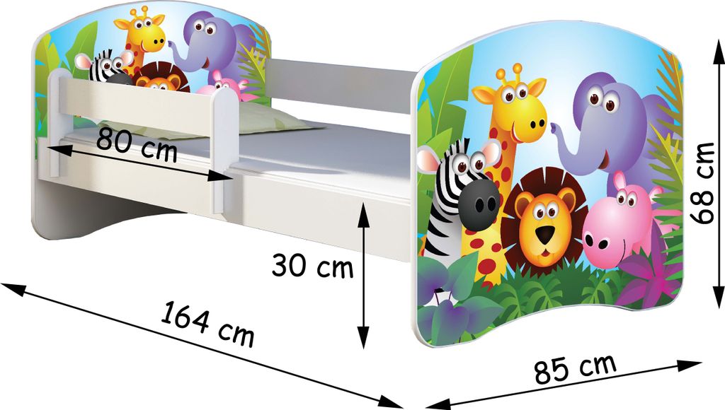 A child's bed with a jungle animal theme, shown with dimensions indicated.