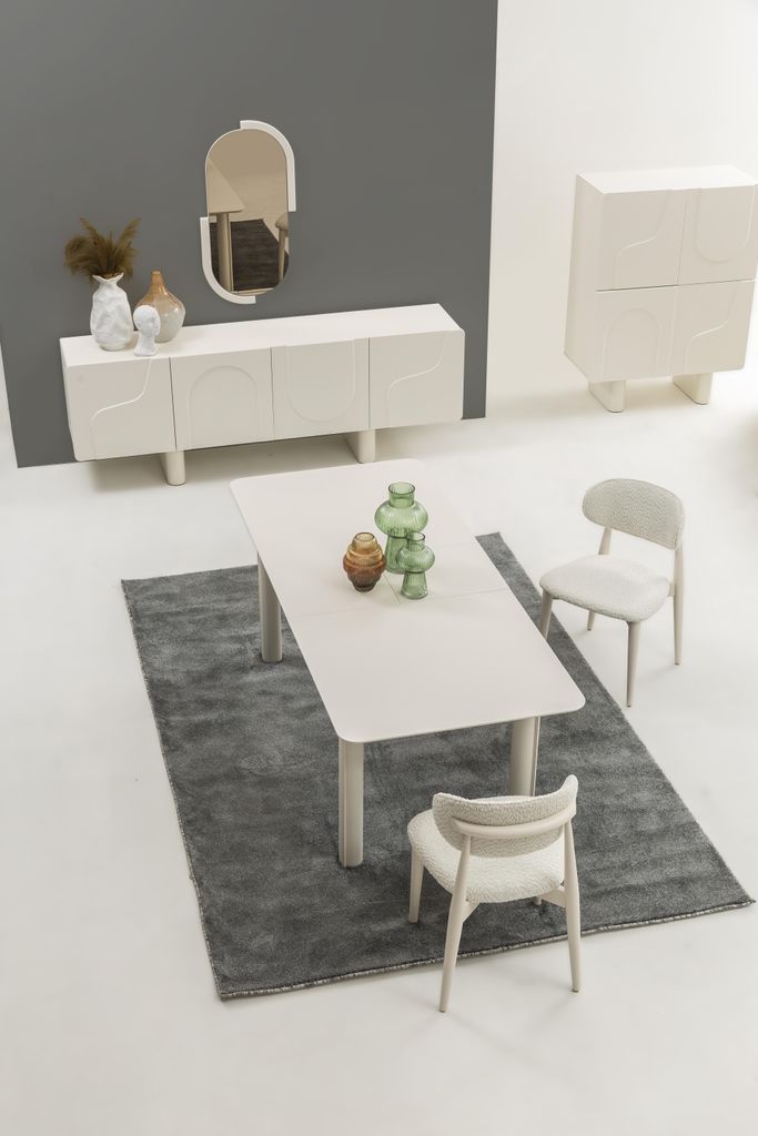 7-teiliges Esszimmer-Set – Sideboard, Spiegel, Esstisch und 4 Stühle