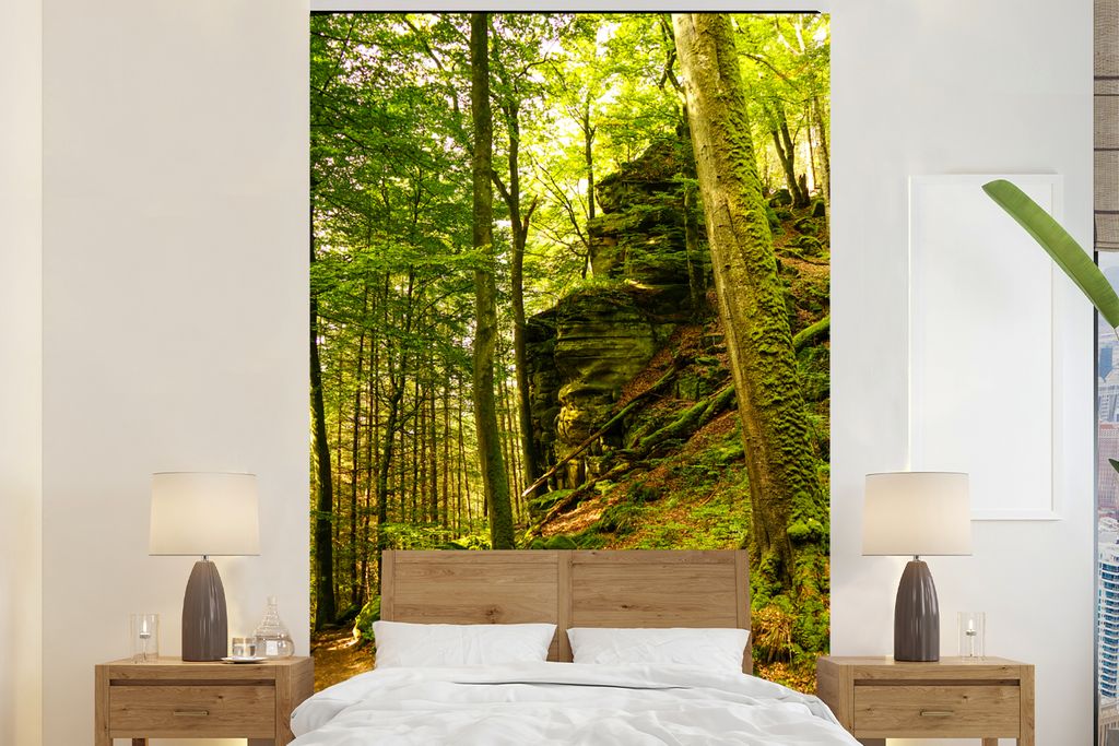 MuchoWow Fototapete für Wohnzimmer oder Schlafzimmer Wandtapete Vinyl Motivtapete Bäume - Stein - Wald - Natur - Pflanzen - 160x240 cm - Vinylt...