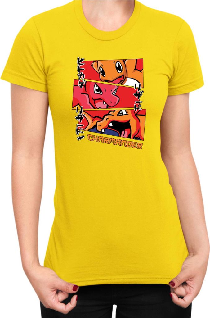 Damen T-Shirt Japan Manga Anime Comics Animation Pokeball Charmander Evolutions, Lady XL / Gelb