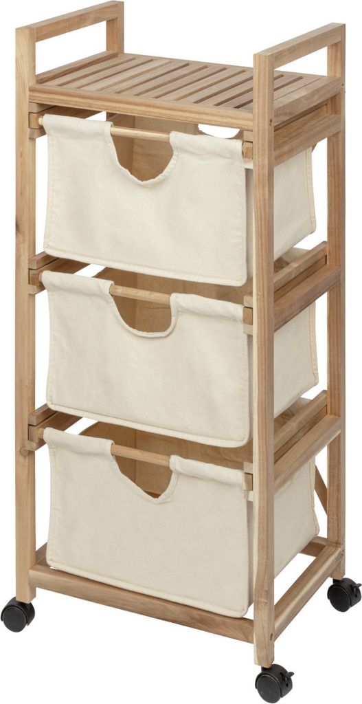 A wooden laundry cart with three fabric bins on a white background.