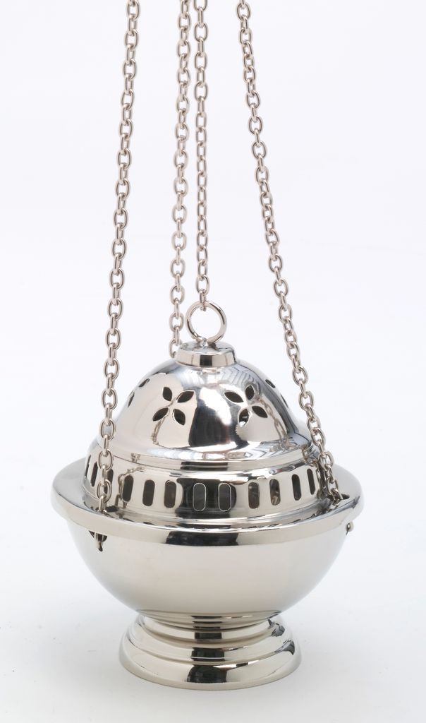 Weihrauchfass mit Kette zum Hängen aus Messing vernickelt Silber Höhe 14 cm mit Innenschale aus Stahl für die Räucherkohle