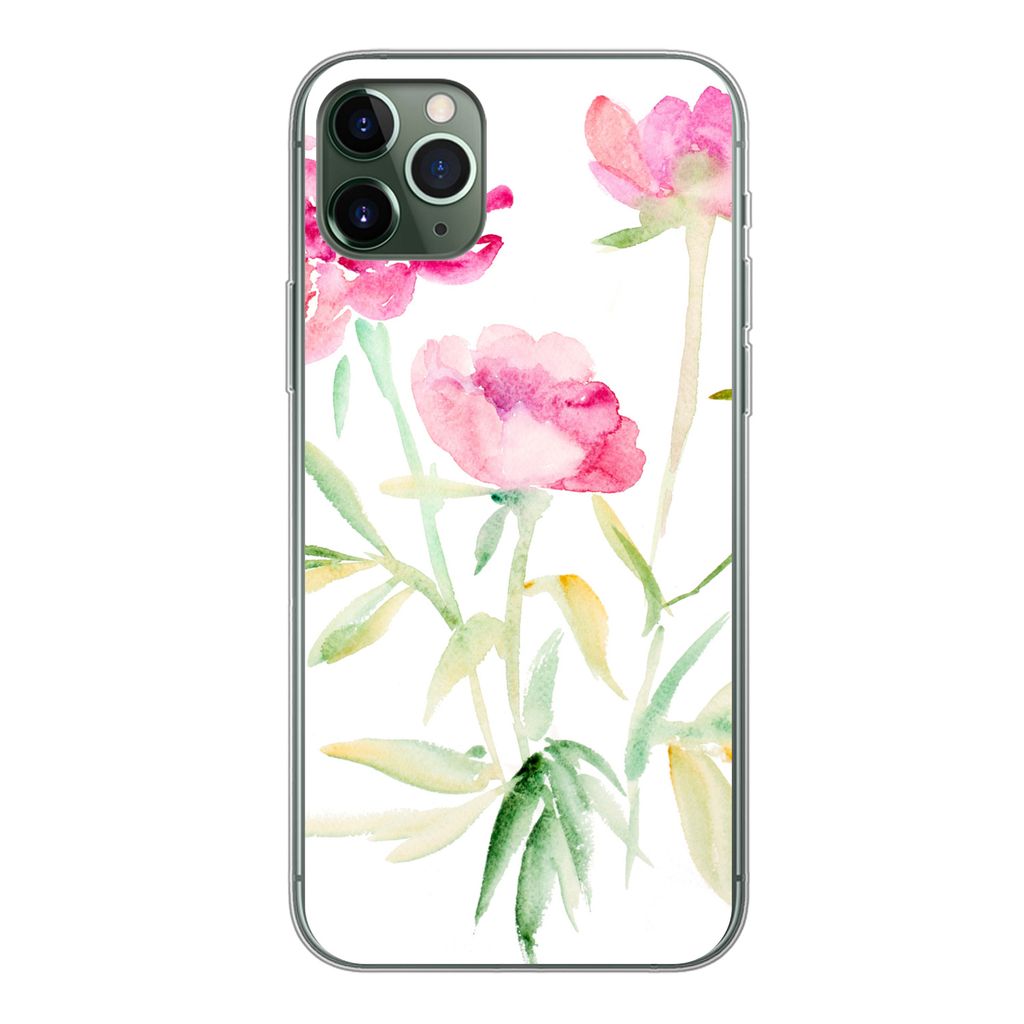 MuchoWow Handyhülle Schutzhülle Hülle für iPhone 11 Pro Max Blumen - Aquarell - Rosa Silikon Softcase Handy Hülle - Schutz