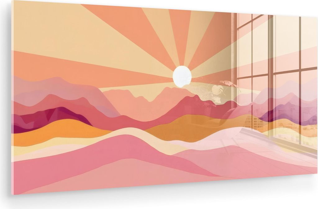 MuchoWow Glasbilder - Bilder auf Wandbild - Foto auf Glas Berge - Abstrakt - Sonnenstrahlen - Rosa 120x60 cm Wanddekoration aus Glas - Acrylglasbil...