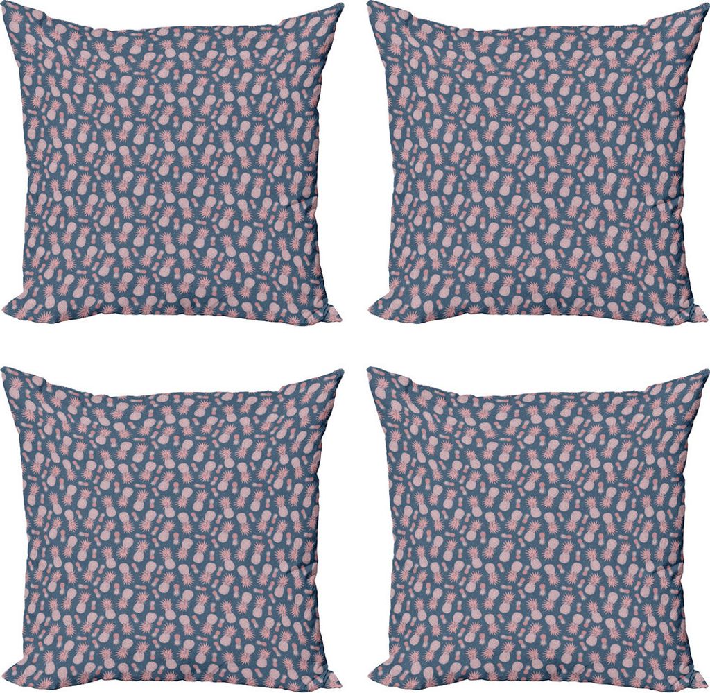 ABAKUHAUS Tropisch Kissenbezug Set (4 Stück), Vintage Insel Ananasse, Moderner Doppelseitiger Digitaldruck, 60 cm x 60 cm, Rose und Schiefer-Blau