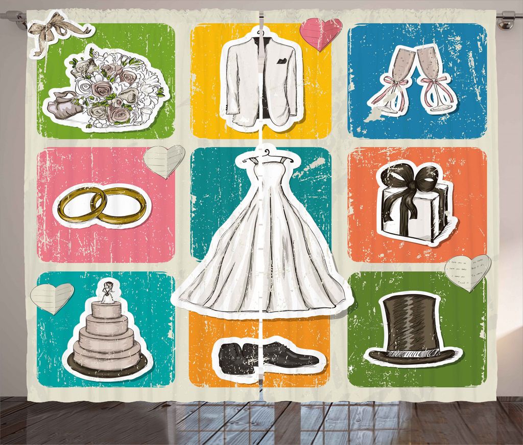 ABAKUHAUS Jahrgang Rustikaler Gardine, Thema Hochzeit Poster, Schlafzimmer Kräuselband Vorhang mit Schlaufen und Haken, 280 x 245 cm, Mehrfarbig