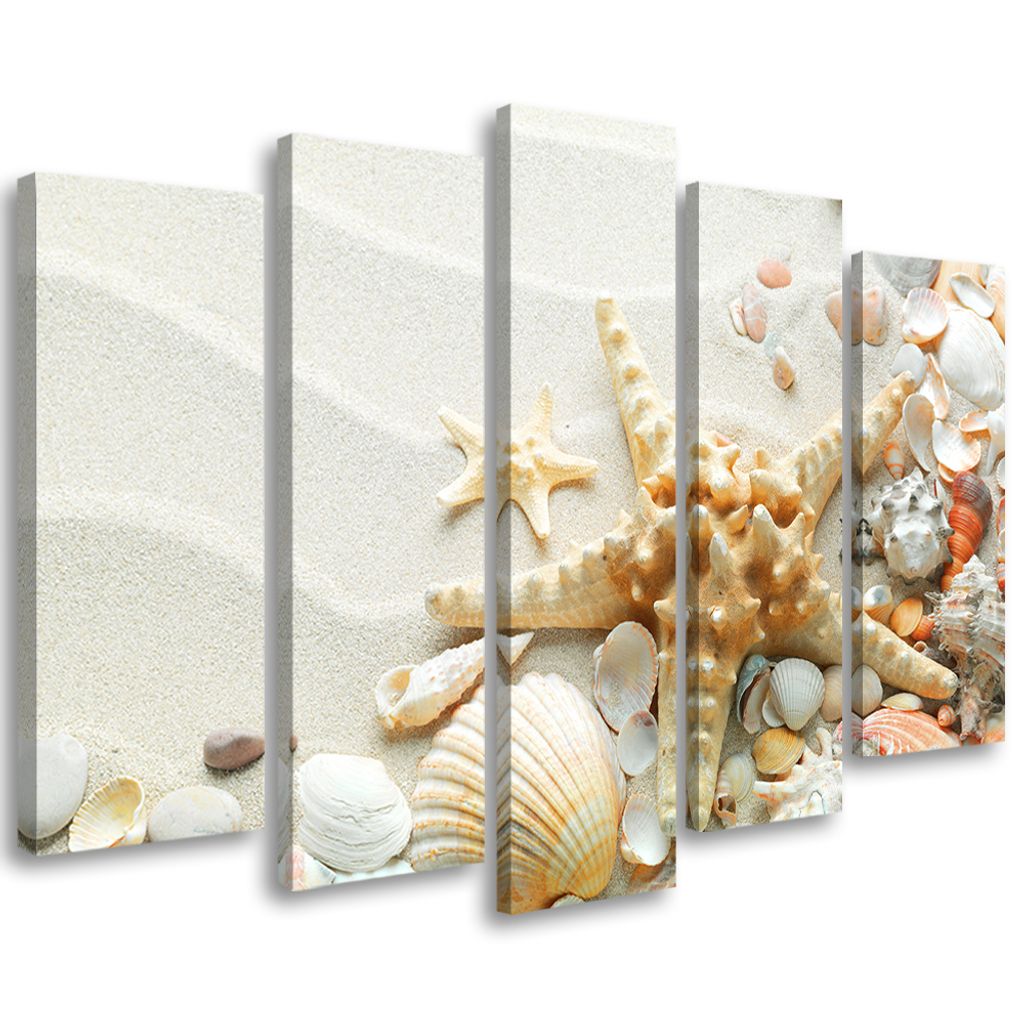5-teiliges leinwandbild muschelstrand 100x70 cm Feeby beige wandbild bereit zum aufhängen