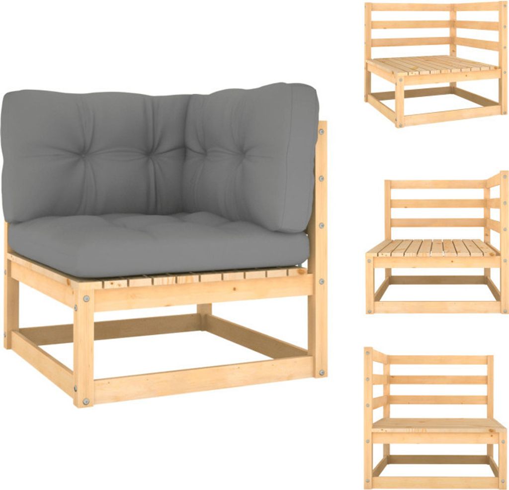 vidaXL Garten-Ecksofa mit Grauen Kissen Massivholz Kiefer - Gartensofaelemente