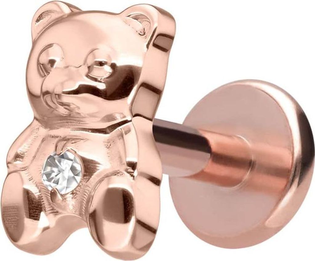 Ohrpiercing, Nasenpiercing Titan Labret mit Innengewinde TEDDYBÄR RoséGold Stablänge: 8mm | Stabstärke: 1,6mm