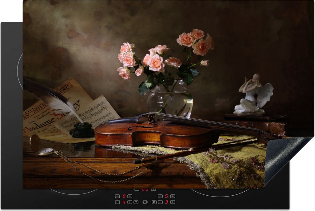 KitchenYeah Herdabdeckplatte Violine - Rosen - Rosa - Blumen - Stilleben , 81x52cm, Küche Deko, Glaskeramikkochfeld Herdabdeckung, Abdeckplatte ...