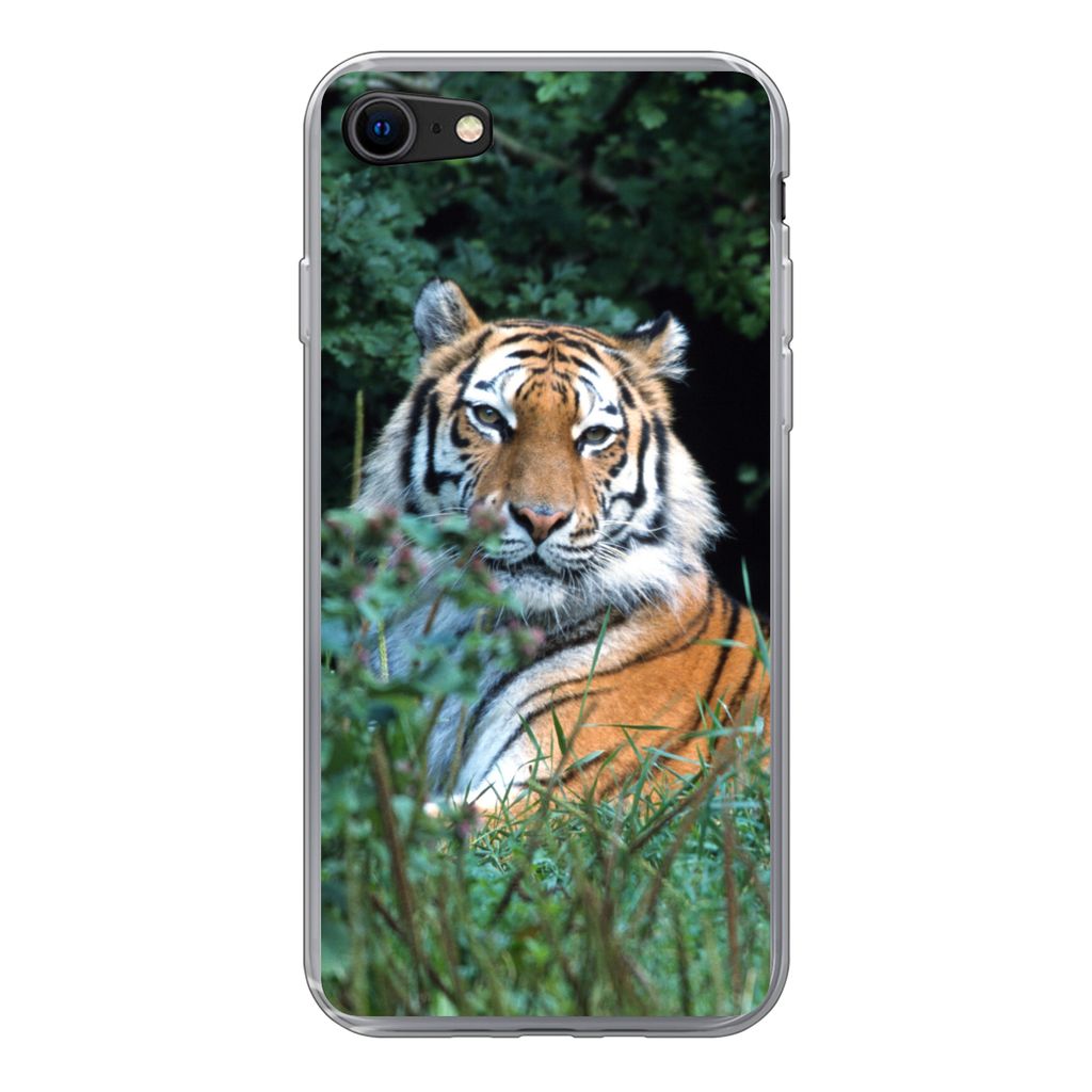 MuchoWow Handyhülle Schutzhülle Hülle für iPhone SE 2022 Tiger - Gras - Grün Silikon Softcase Handy Hülle - Schutzhülle