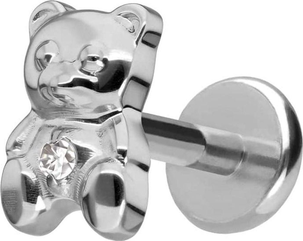 Ohrpiercing, Nasenpiercing Titan Labret mit Push Fit TEDDYBÄR Silber Stablänge: 6mm | Stabstärke: 1mm