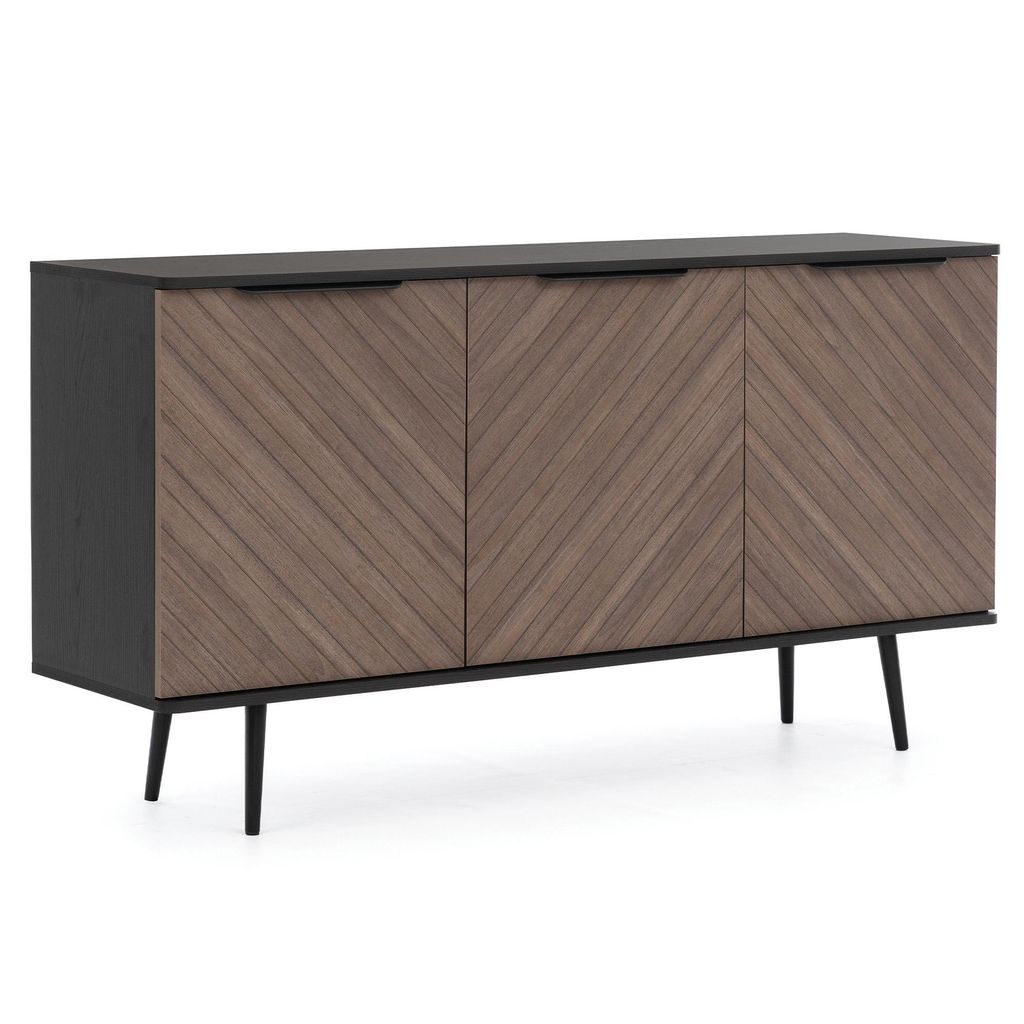 BEAUTYSOFA | Kommode PARINI mit 3 Türen, Stilvoller Stauraum für Wohnzimmer, Schlafzimmer, Moderne Kommode in Braun und Schwarz Fischgrätenmuster