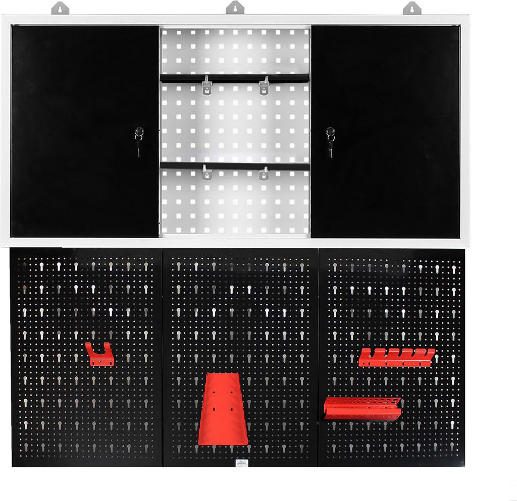 XPOtool Werkzeugwand und Werkzeugschrank Set, 3x Lochwand plus 1x Hängeschrank, Werkzeughalter Wand aus Stahl, Lochplatten und Werkstattschrank