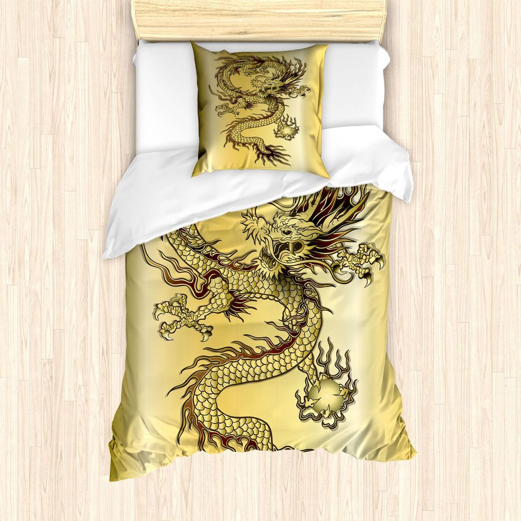 ABAKUHAUS Drachen Bettbezug Set, Chinesische Schlangen Drache Thema Golden Herkunft Orientalisch Abstrakt Kunst, 135 x 200 cm + 80 x 80 cm, Schwarz...