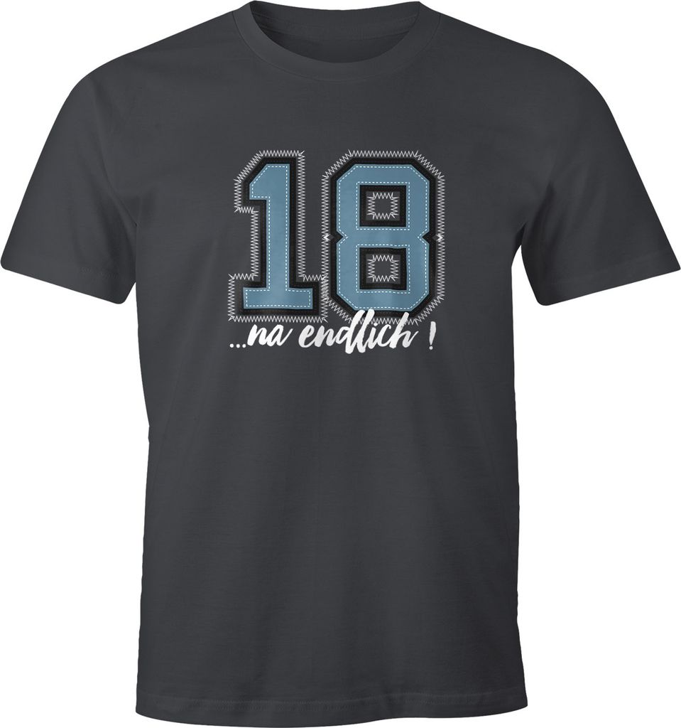 Herren T-Shirt Geburtstag endlich 18 College Look Fun-Shirt Geschenk Moonworks dunkelgrau M