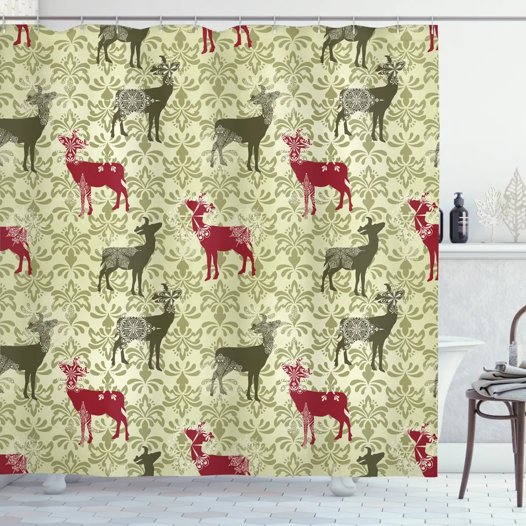ABAKUHAUS Tenda da doccia natalizia, alberi Jingle Bells, opaca all'acqua, incl. 12 anelli, resistente a batteri e muffe, 175 x 200 cm, bordeaux e verde