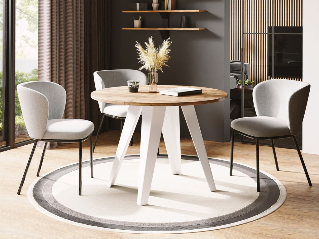 Esstisch Glory Weiß im Industriestil - Modern, Rund - Ausziehbar von 90 cm bis 130 cm, mit Pulverbeschichteten Metallbeinen, Tisch für Kleine Kü...