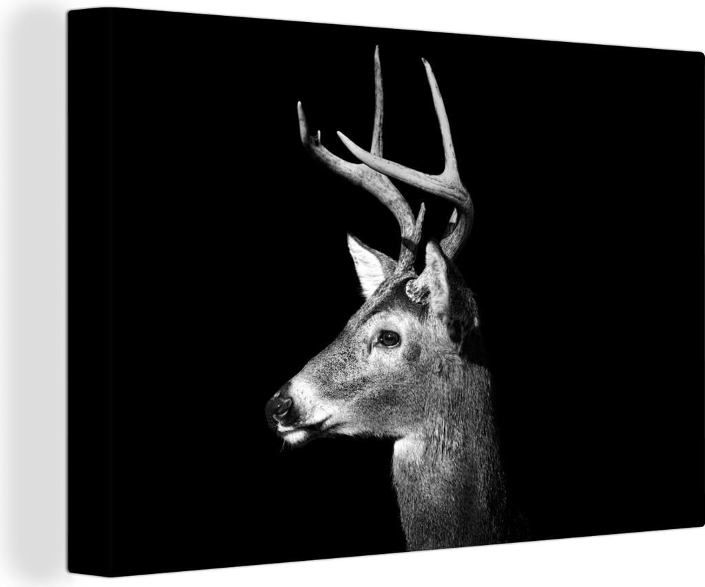 OneMillionCanvasses - Leinwandbilder - 140x90 cm, Hirsch - Porträt - Schwarz und weiß, Wandbilder Kunstdruck Wanddekoration - Foto auf Leinwand...