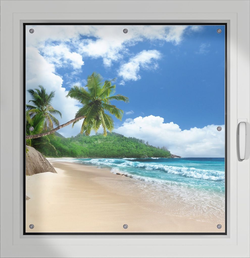 Wallario Lichtschutzbild, Dekorativer Sichtschutz Sonnenschutz 96 x 100 cm mit Motiv: Urlaub auf den Seychellen unter Palmen am Sandstrand - Verdun...