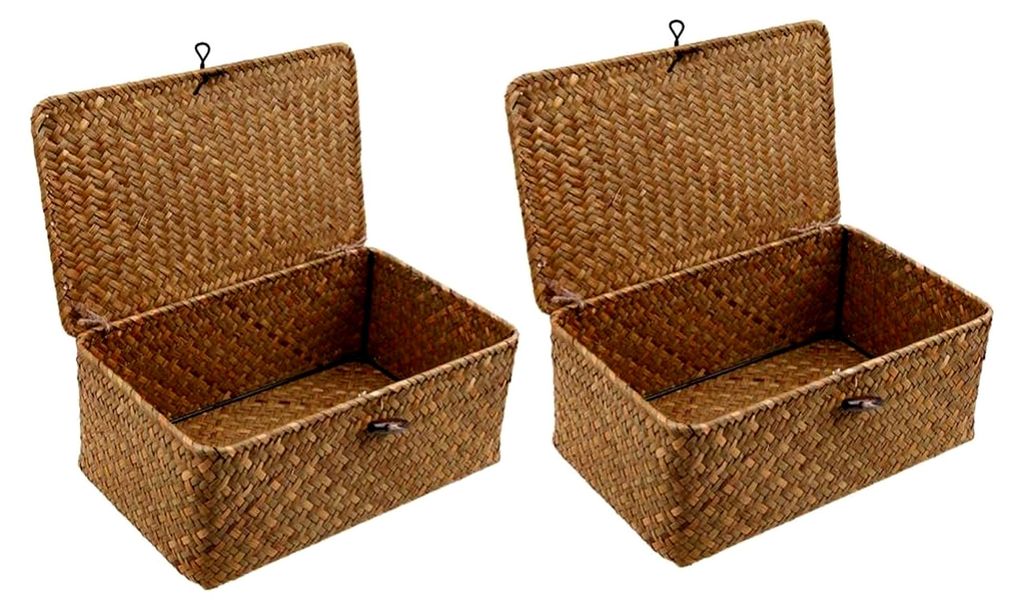 2-teiliges Set Seegras Aufbewahrungskörbe mit Deckel Handgefertigte multifunktionale Organizer für Zuhause für Spielzeug und Kleidung