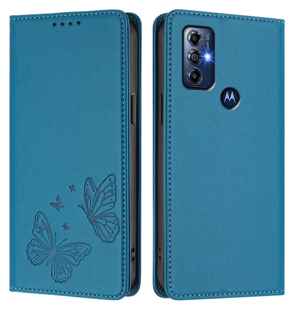 Lederhülle für Motorola G Pure/Moto G Play 2023, Schmetterling Prägung Leder Brieftasche Schutzhülle mit Ständer Blau