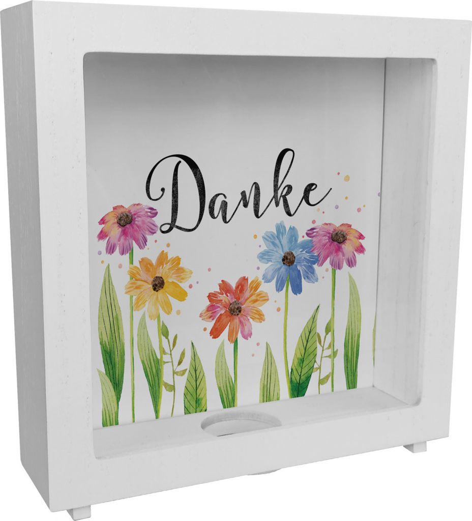 Blumen Rahmen Spardose aus Holz mit Spruch Danke