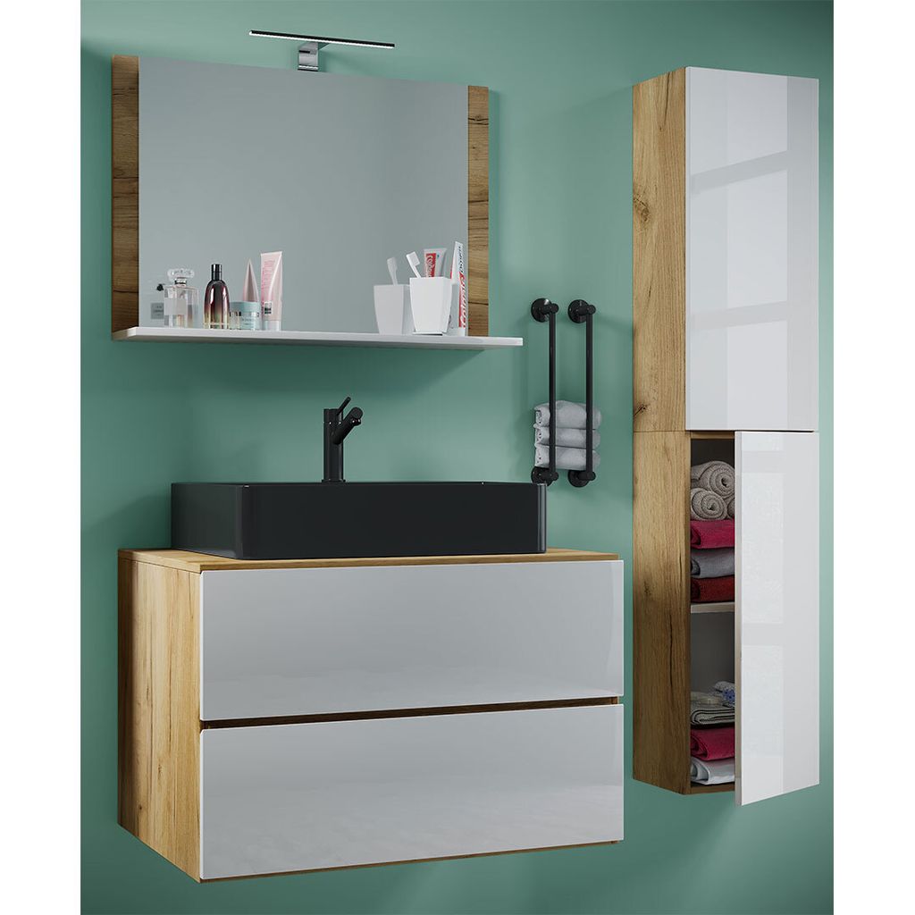 VCM 4-tlg. Waschplatz Waschtisch | schwarzes Waschbecken Unterschrank Breite 60 cm | Badmöbel Set mit Schubladen Drehtüren Spiegel | Lendas S BL