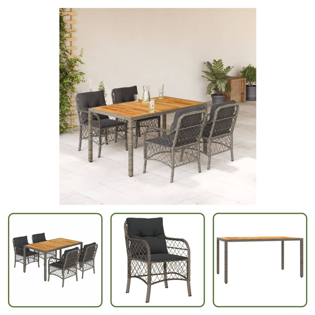 The Living Store 5-tlg. Garten-Essgruppe mit Kissen Grau Poly Rattan
