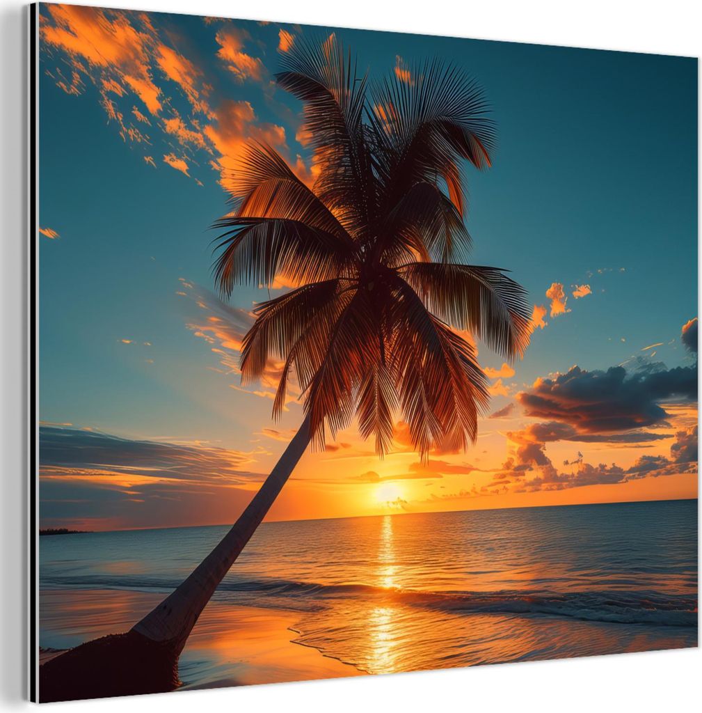 MuchoWow Wanddekoration Metall Metallbild Wandkunst 80x60 cm Sonnenuntergang - Palme - Meer - Horizont - Strand MuchoWow Aluminium Gemälde - Alubild