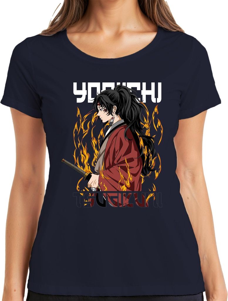 Samurai Katana Anime Flammen Kriegerin Pferdeschwanz Geschenk Damen T-Shirt, Navy, XXL