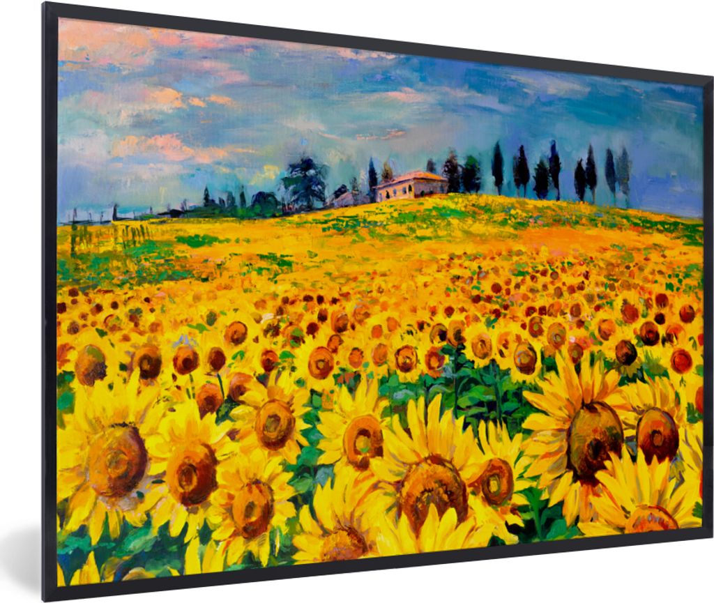 MuchoWow Gerahmtes Poster Ölfarbe - Gemälde - Blumen - Sonnenblume 90x60 cm - Poster mit Schwarzem Bilderrahmen Wandposter Rahmen Foto Bilder -...