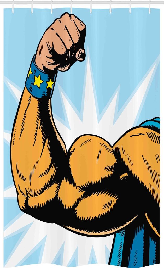 ABAKUHAUS Comics Schmaler Duschvorhang, Cartoon Superheros Leistung, Badezimmer Deko Set aus Stoff mit Haken, 120 x 180 cm, Marigold Blau